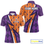 Cat Halloween Golf Polo Shirts Custom Name Purple Argyle Pattern Golf Team Attire