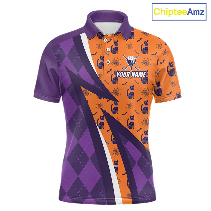 Cat Halloween Golf Polo Shirts Custom Name Purple Argyle Pattern Golf Team Attire