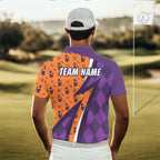 Cat Halloween Golf Polo Shirts Custom Name Purple Argyle Pattern Golf Team Attire