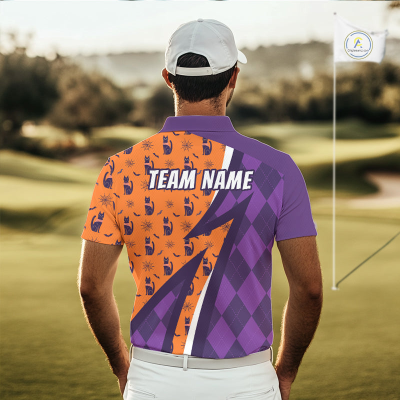 Cat Halloween Golf Polo Shirts Custom Name Purple Argyle Pattern Golf Team Attire