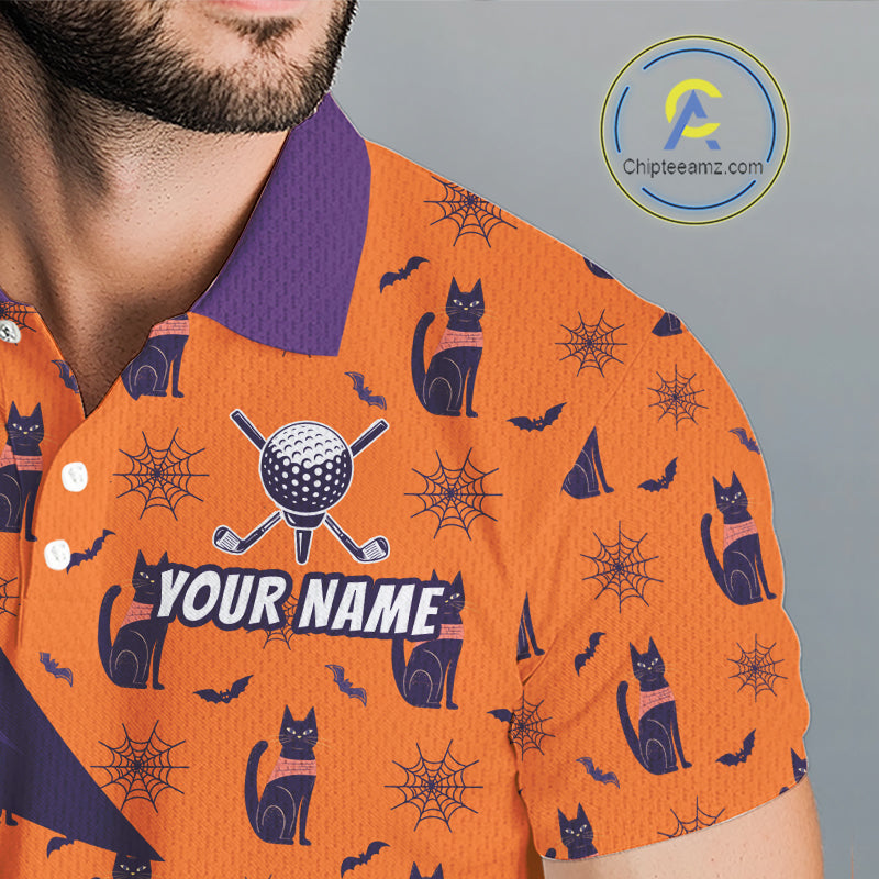 Cat Halloween Golf Polo Shirts Custom Name Purple Argyle Pattern Golf Team Attire