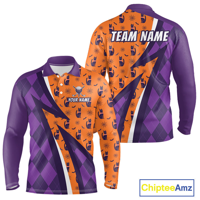 Cat Halloween Golf Polo Shirts Custom Name Purple Argyle Pattern Golf Team Attire