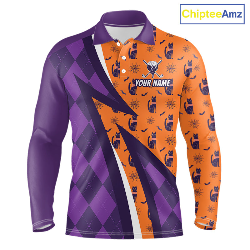 Cat Halloween Golf Polo Shirts Custom Name Purple Argyle Pattern Golf Team Attire