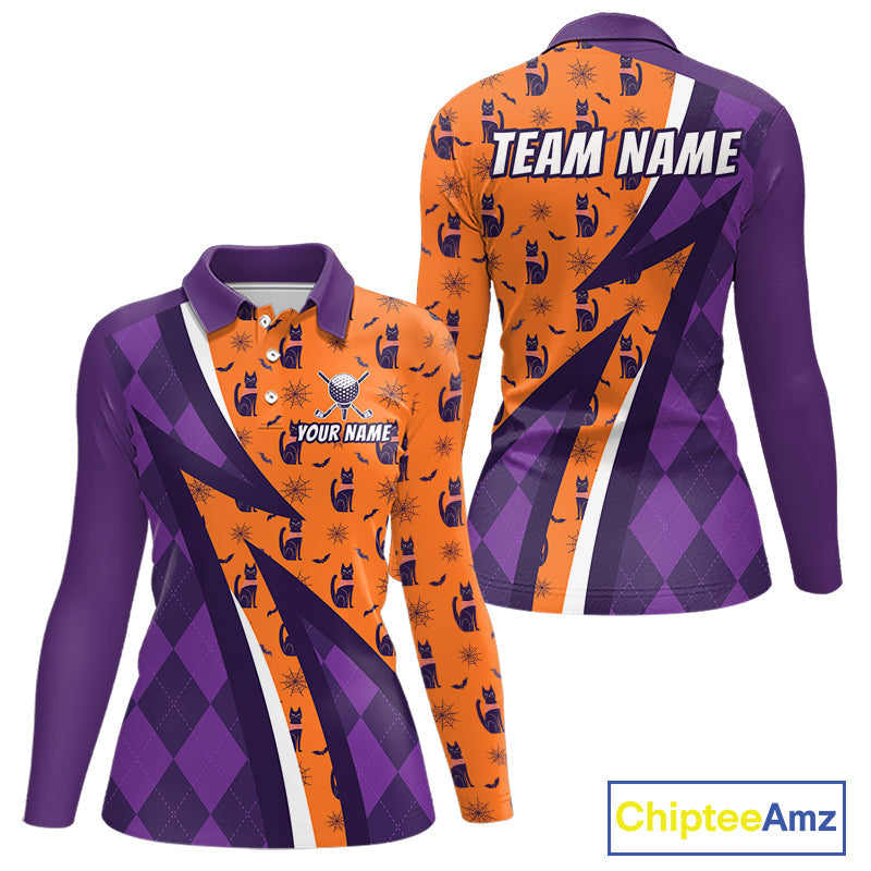 Cat Halloween Golf Polo Shirts Custom Name Purple Argyle Pattern Golf Team Attire