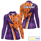 Cat Halloween Golf Polo Shirts Custom Name Purple Argyle Pattern Golf Team Attire