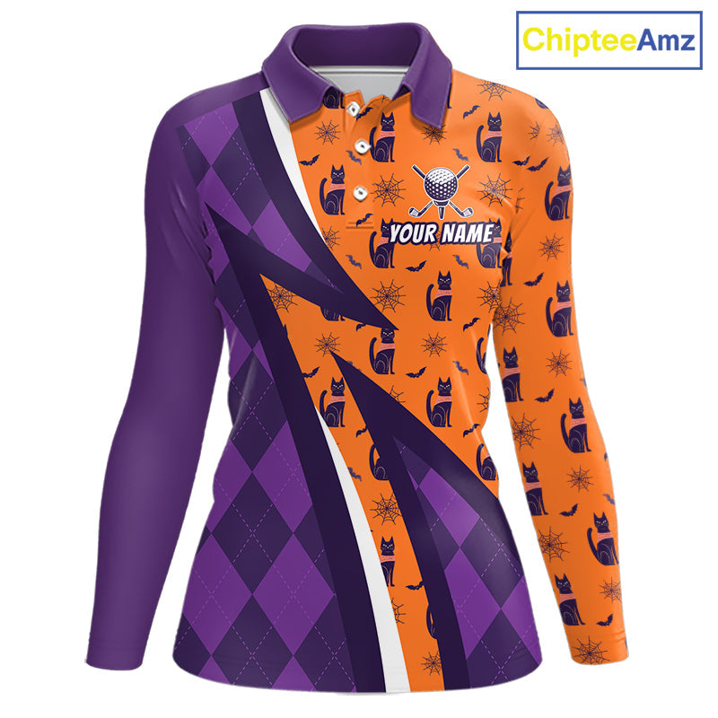 Cat Halloween Golf Polo Shirts Custom Name Purple Argyle Pattern Golf Team Attire
