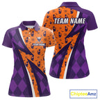 Cat Halloween Golf Polo Shirts Custom Name Purple Argyle Pattern Golf Team Attire
