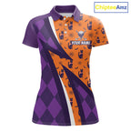 Cat Halloween Golf Polo Shirts Custom Name Purple Argyle Pattern Golf Team Attire
