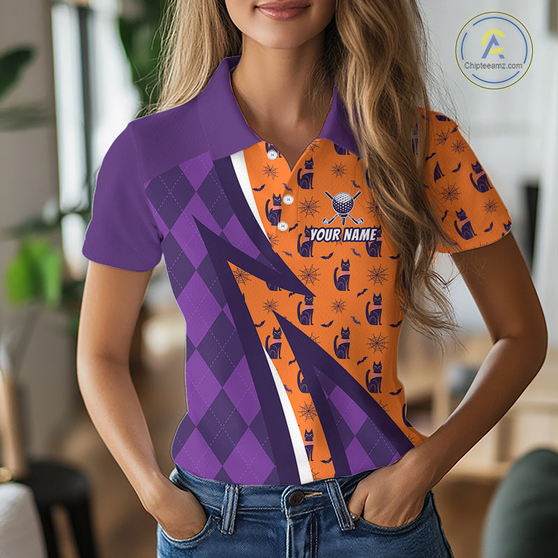 Cat Halloween Golf Polo Shirts Custom Name Purple Argyle Pattern Golf Team Attire