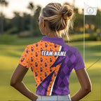 Cat Halloween Golf Polo Shirts Custom Name Purple Argyle Pattern Golf Team Attire