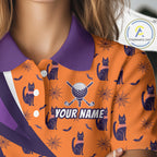Cat Halloween Golf Polo Shirts Custom Name Purple Argyle Pattern Golf Team Attire