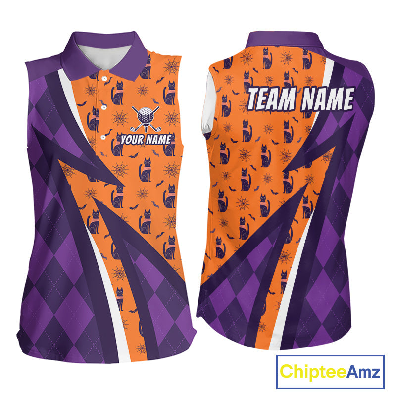 Cat Halloween Golf Sleeveless Polo Shirts Custom Name Purple Argyle Pattern Golf Team Attire