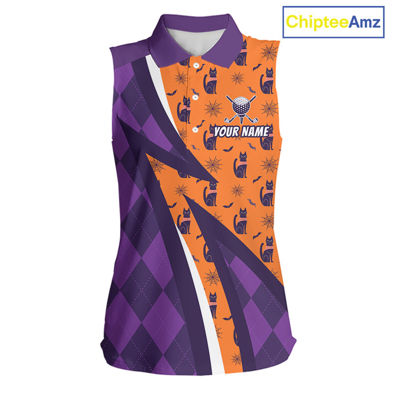 Cat Halloween Golf Sleeveless Polo Shirts Custom Name Purple Argyle Pattern Golf Team Attire