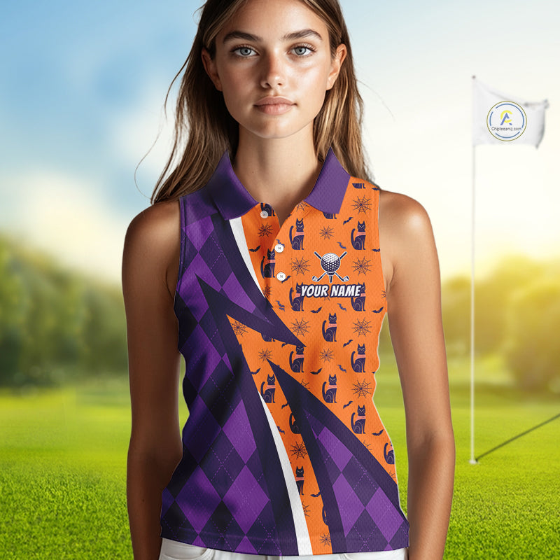 Cat Halloween Golf Sleeveless Polo Shirts Custom Name Purple Argyle Pattern Golf Team Attire