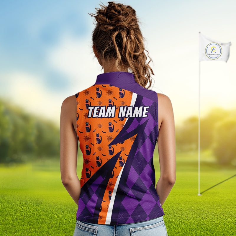 Cat Halloween Golf Sleeveless Polo Shirts Custom Name Purple Argyle Pattern Golf Team Attire
