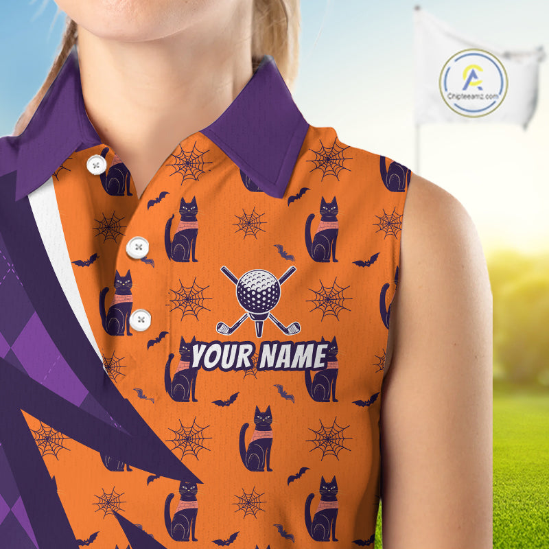 Cat Halloween Golf Sleeveless Polo Shirts Custom Name Purple Argyle Pattern Golf Team Attire