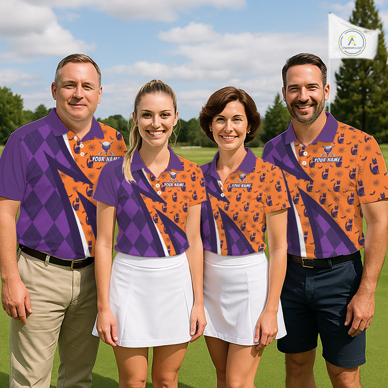 Cat Halloween Golf Polo Shirts Custom Name Purple Argyle Pattern Golf Team Attire