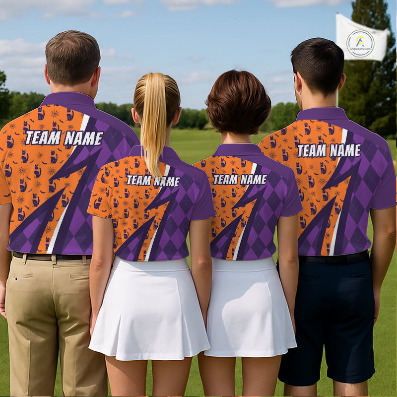 Cat Halloween Golf Polo Shirts Custom Name Purple Argyle Pattern Golf Team Attire