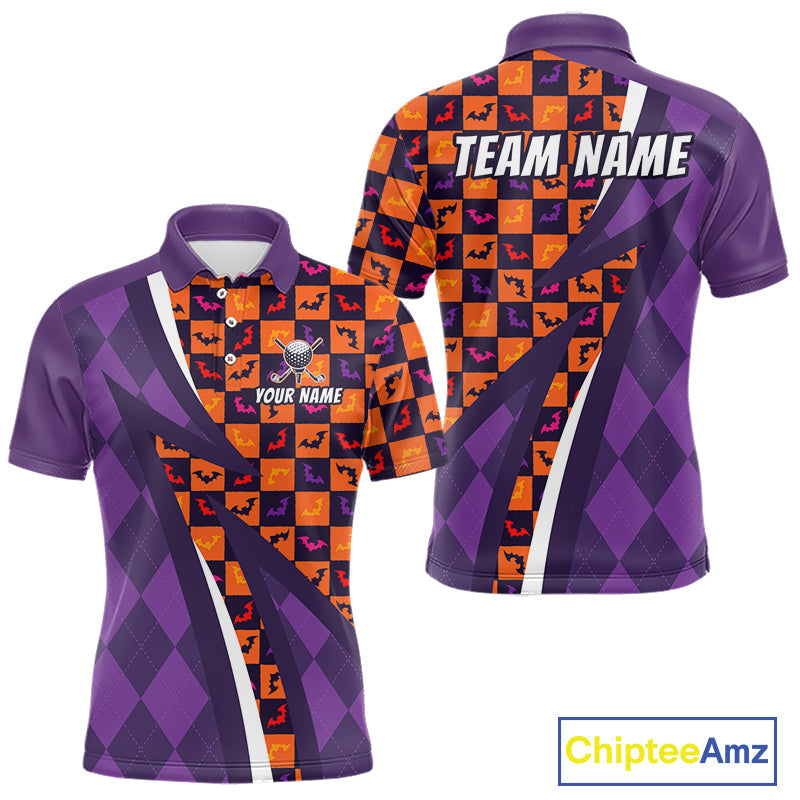 Halloween Golf Polo Shirts Custom Name Orange & Purple Argyle Pattern Golf Team Attire
