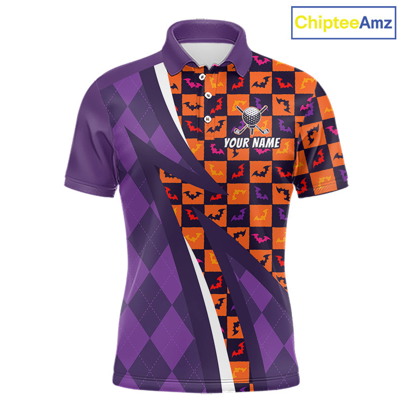 Halloween Golf Polo Shirts Custom Name Orange & Purple Argyle Pattern Golf Team Attire