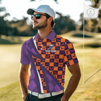 Halloween Golf Polo Shirts Custom Name Orange & Purple Argyle Pattern Golf Team Attire