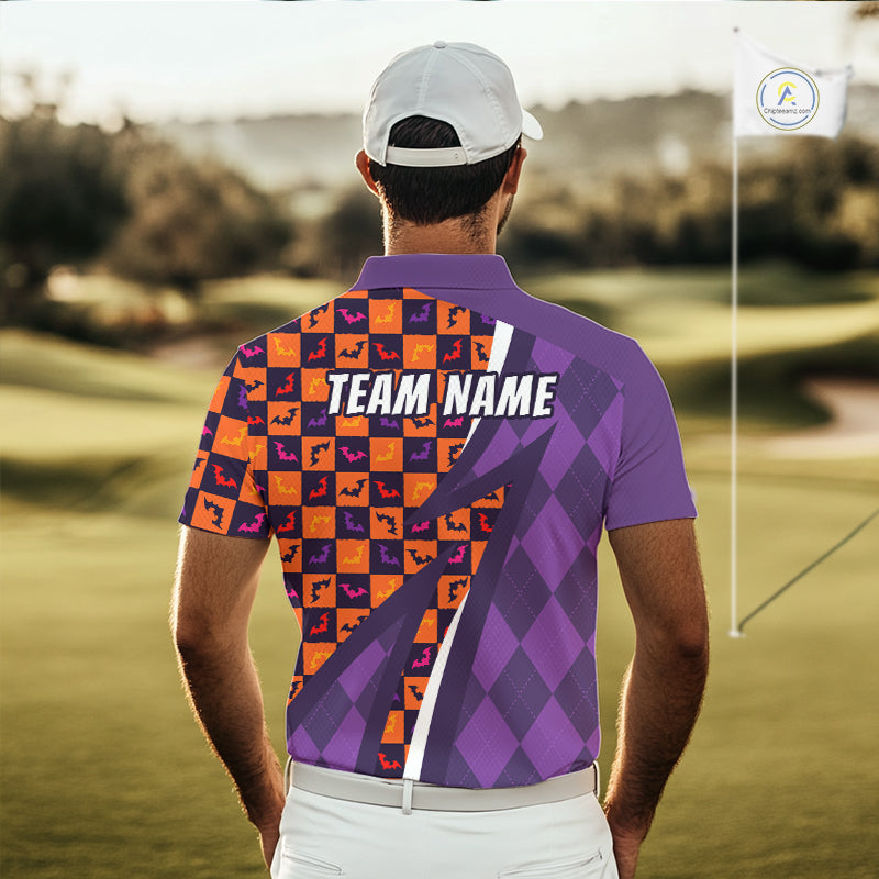 Halloween Golf Polo Shirts Custom Name Orange & Purple Argyle Pattern Golf Team Attire