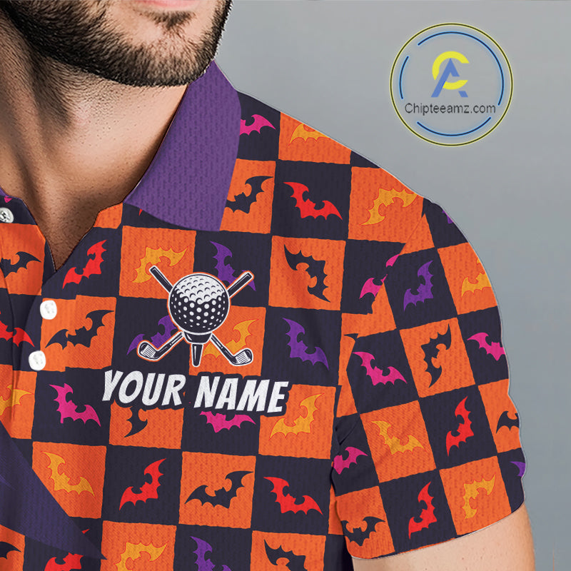 Halloween Golf Polo Shirts Custom Name Orange & Purple Argyle Pattern Golf Team Attire