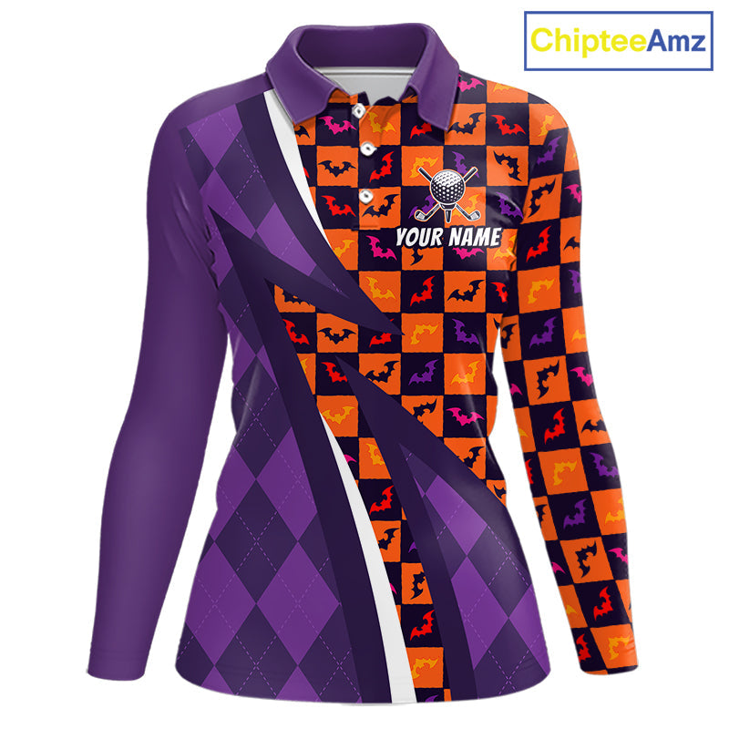 Halloween Golf Polo Shirts Custom Name Orange & Purple Argyle Pattern Golf Team Attire