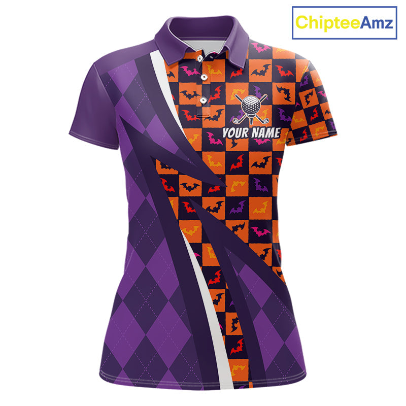 Halloween Golf Polo Shirts Custom Name Orange & Purple Argyle Pattern Golf Team Attire