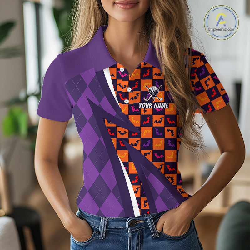 Halloween Golf Polo Shirts Custom Name Orange & Purple Argyle Pattern Golf Team Attire
