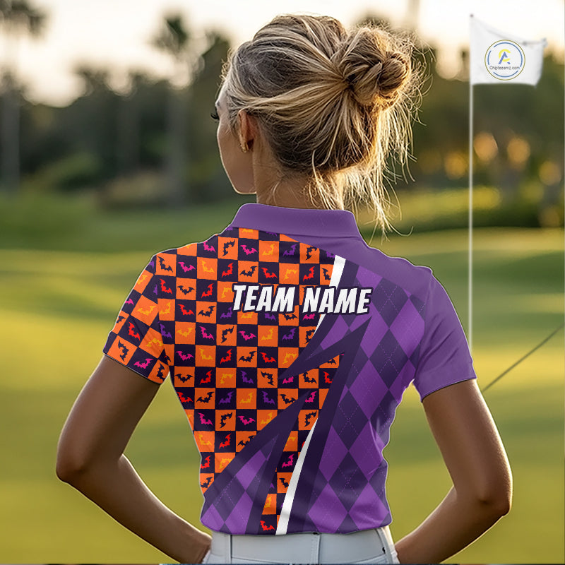 Halloween Golf Polo Shirts Custom Name Orange & Purple Argyle Pattern Golf Team Attire