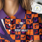 Halloween Golf Polo Shirts Custom Name Orange & Purple Argyle Pattern Golf Team Attire