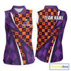 Halloween Golf Sleeveless Polo Shirts Custom Name Orange & Purple Argyle Pattern Golf Team Attire