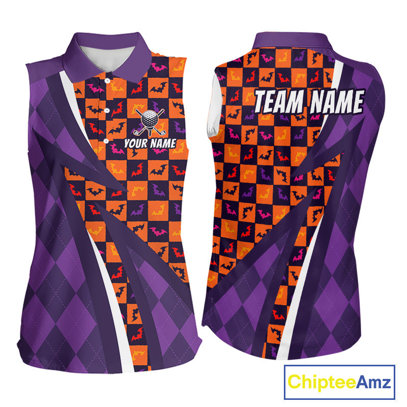 Halloween Golf Sleeveless Polo Shirts Custom Name Orange & Purple Argyle Pattern Golf Team Attire