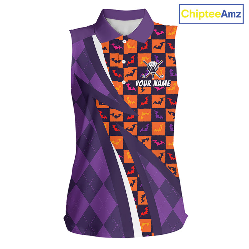 Halloween Golf Sleeveless Polo Shirts Custom Name Orange & Purple Argyle Pattern Golf Team Attire