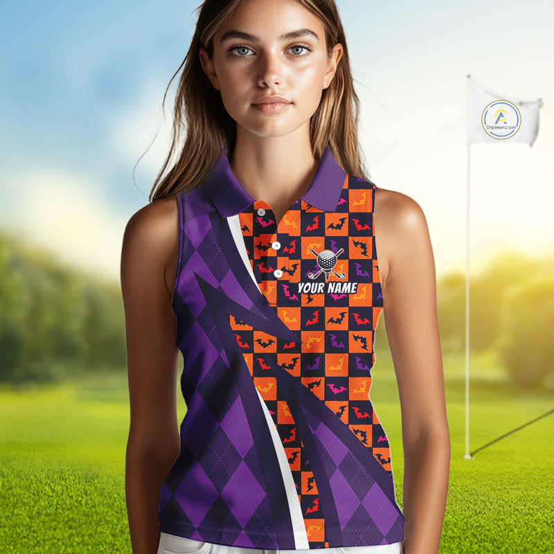 Halloween Golf Sleeveless Polo Shirts Custom Name Orange & Purple Argyle Pattern Golf Team Attire