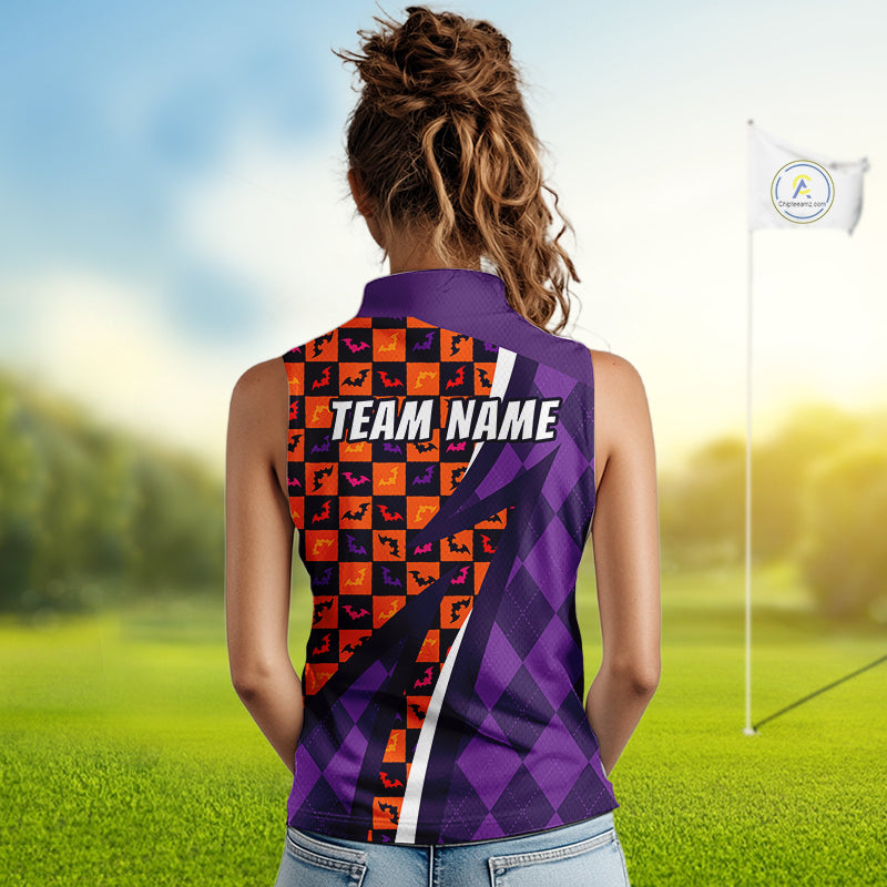 Halloween Golf Sleeveless Polo Shirts Custom Name Orange & Purple Argyle Pattern Golf Team Attire