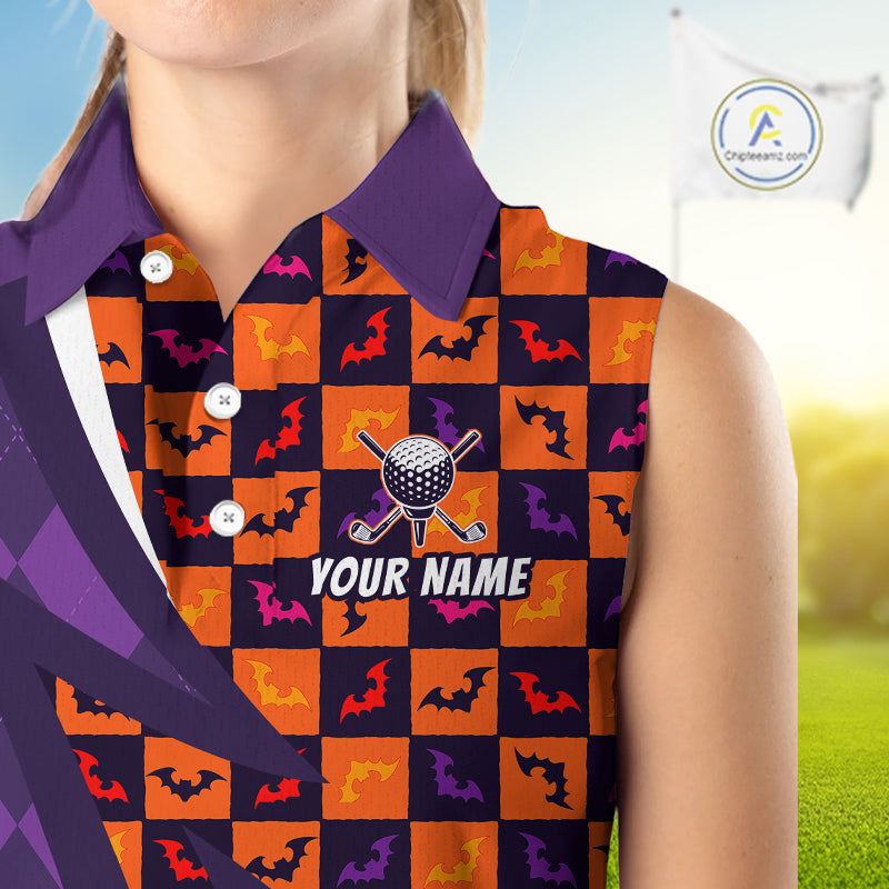 Halloween Golf Sleeveless Polo Shirts Custom Name Orange & Purple Argyle Pattern Golf Team Attire