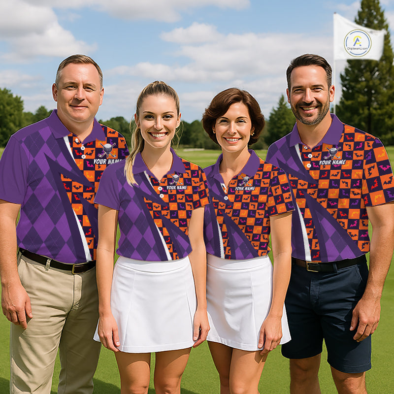 Halloween Golf Polo Shirts Custom Name Orange & Purple Argyle Pattern Golf Team Attire