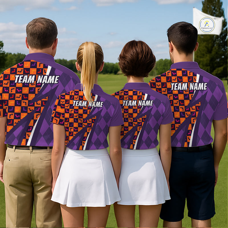 Halloween Golf Polo Shirts Custom Name Orange & Purple Argyle Pattern Golf Team Attire