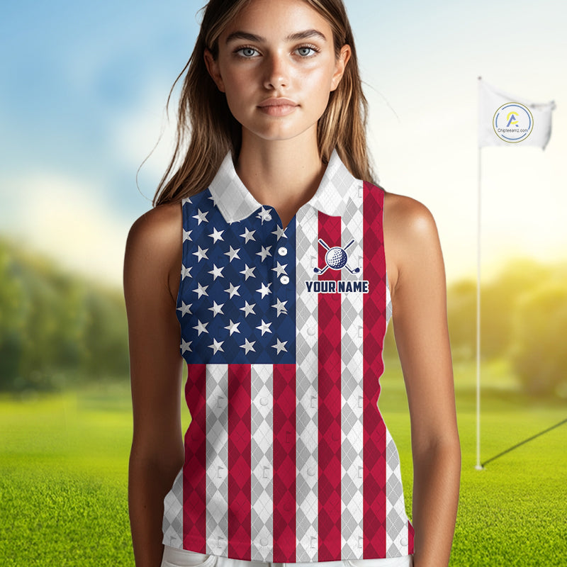 USA Flag Golf Sleeveless Polo Shirt Personalized Navy Argyle Golf Jersey Golf Apparel