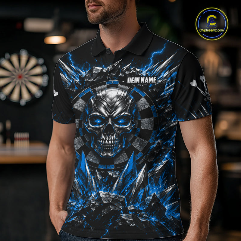 Custom Silver Skull Darts 1/4-Zip Polo Shirt Blue Thunder Darts Team Tournament Jersey