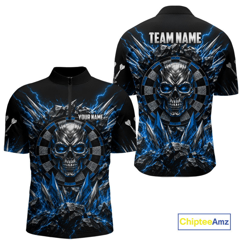 Custom Silver Skull Darts 1/4-Zip Polo Shirt Blue Thunder Darts Team Tournament Jersey