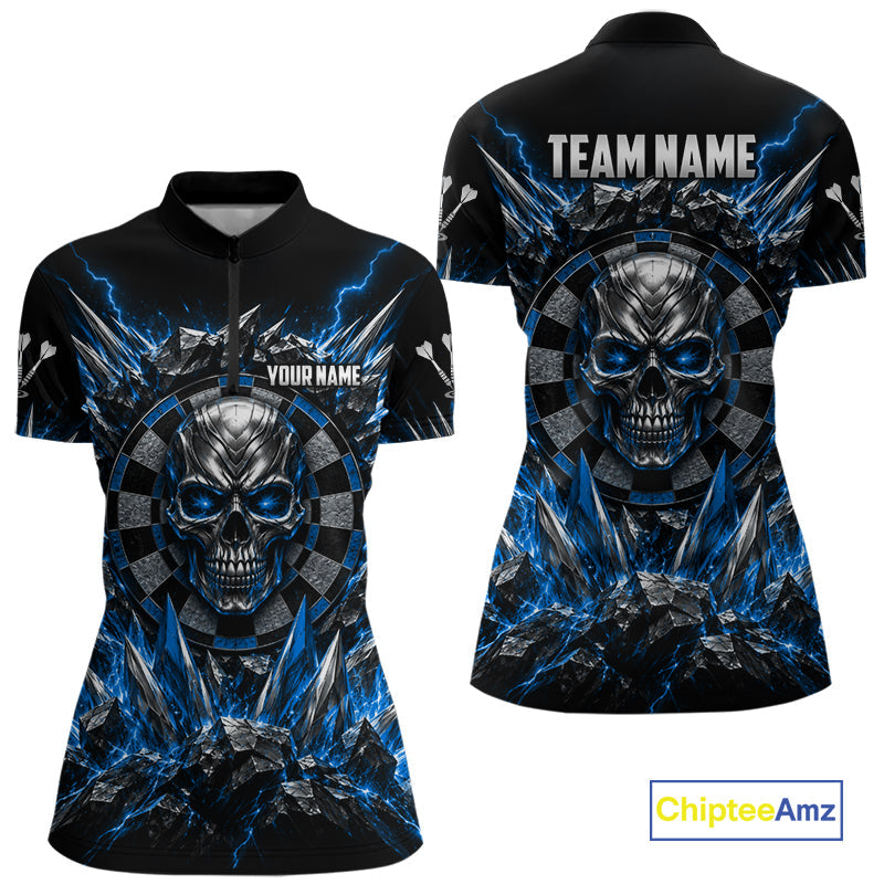 Custom Silver Skull Darts 1/4-Zip Polo Shirt Blue Thunder Darts Team Tournament Jersey