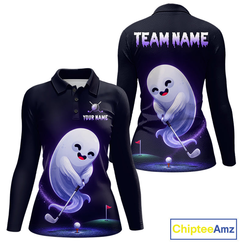 Funny Purple Ghost Golf Polo Shirt Personalized Halloween Golfing Apparel Golf Gift