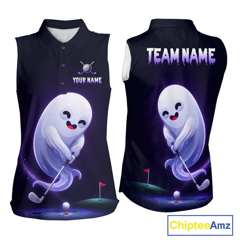 Funny Purple Ghost Sleeveless Golf Polo Shirt Personalized Halloween Golfing Apparel Golf Gift