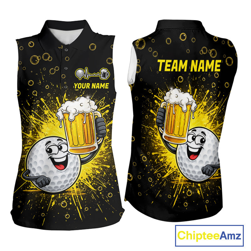 Golf Beer Sleeveless Polo Shirt Funny Golf Ball With Beer Glass Custom Team Name Golf Team Jersey