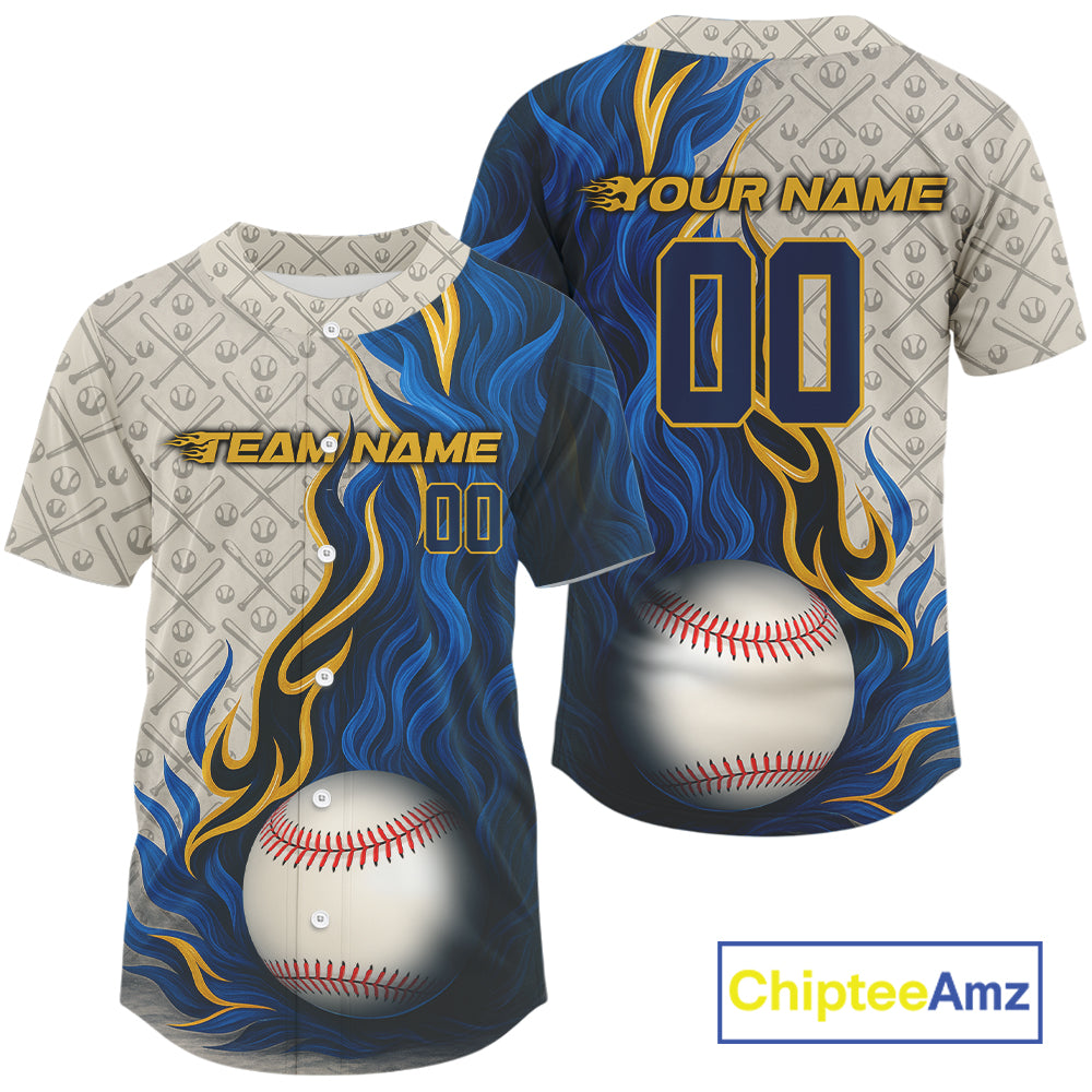 Custom Yellow And Blue Flames Baseball Ball Shirt Baseball Team Jerseys