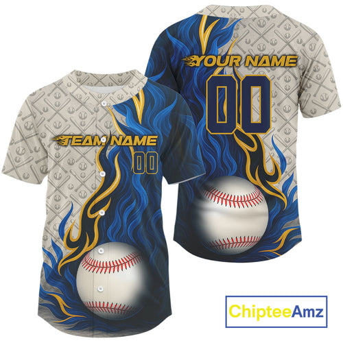 Custom Yellow And Blue Flames Baseball Ball Shirt Baseball Team Jerseys
