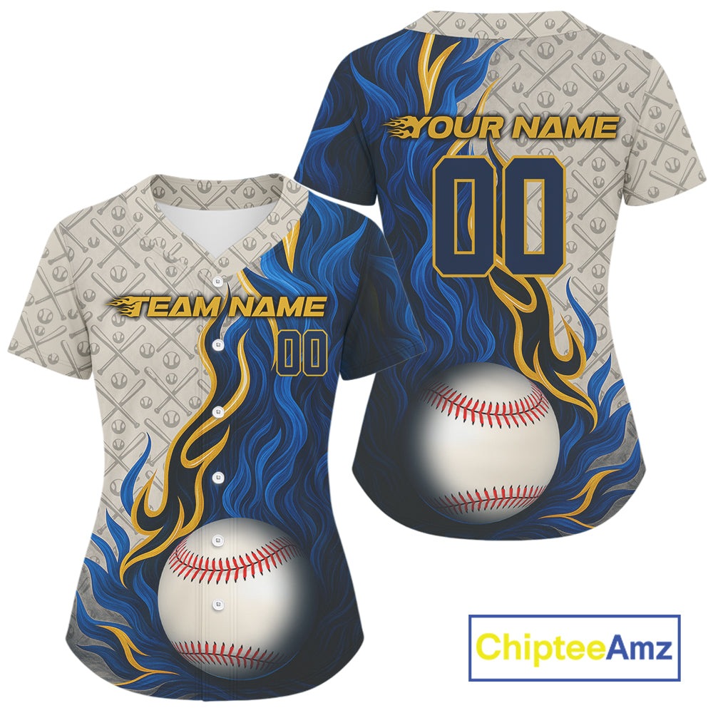 Custom Yellow And Blue Flames Baseball Ball Shirt Baseball Team Jerseys